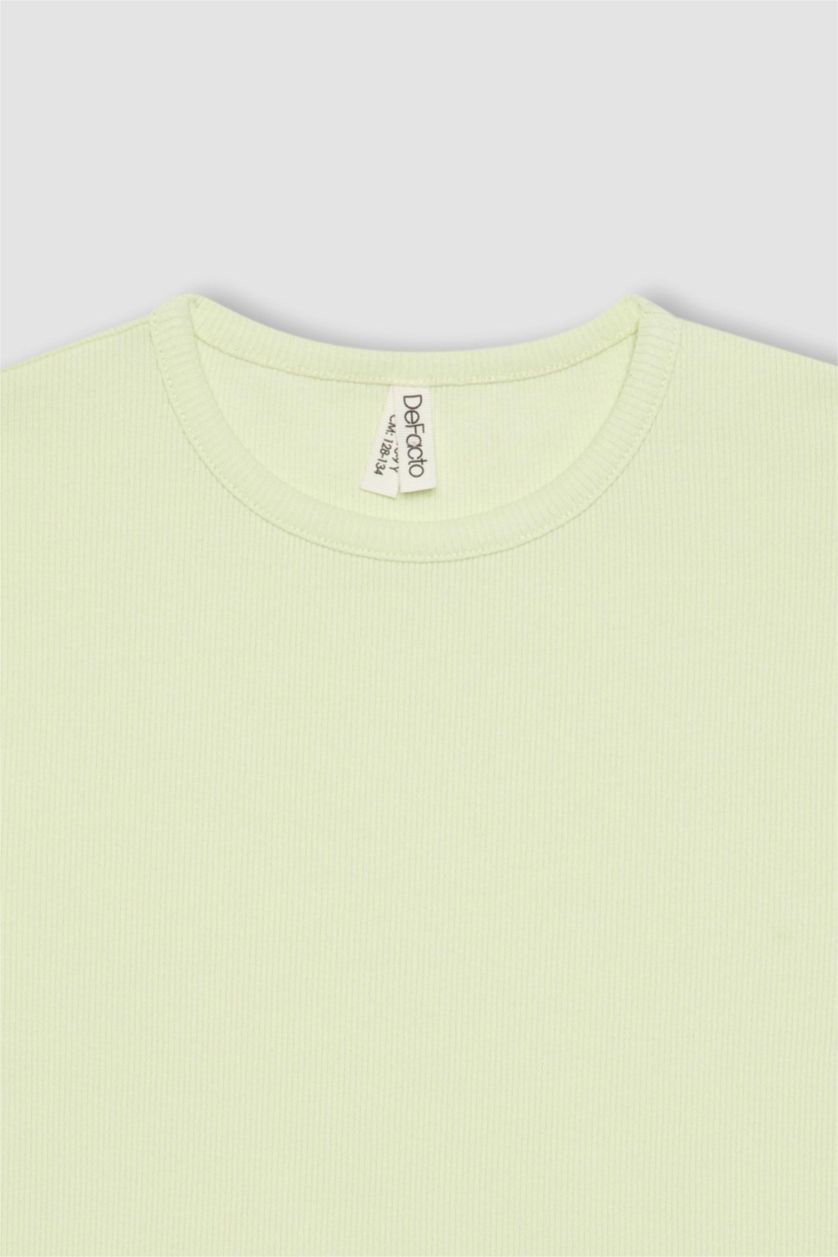 Kız Çocuk - Genç Kız Mint Slim Fit Dar Kesim Bisiklet Yaka Basic Düz Fitilli Kaşkorse Kısa Kollu Tişört Kız Çocuk