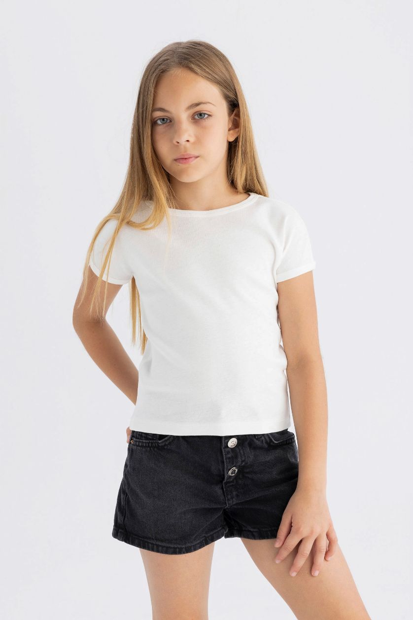 Kız Çocuk - Genç Kız Kırık Beyaz Slim Fit Dar Kesim Bisiklet Yaka Basic Düz Fitilli Kaşkorse Kısa Kollu Tişört Kız Çocuk