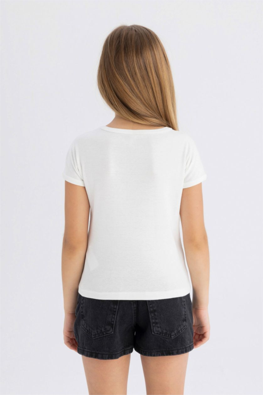 Kız Çocuk - Genç Kız Kırık Beyaz Slim Fit Dar Kesim Bisiklet Yaka Basic Düz Fitilli Kaşkorse Kısa Kollu Tişört Kız Çocuk