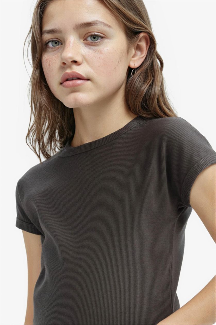 Kız Çocuk - Genç Kız Antrasit Slim Fit Dar Kesim Bisiklet Yaka Basic Düz Fitilli Kaşkorse Kısa Kollu Tişört Kız Çocuk