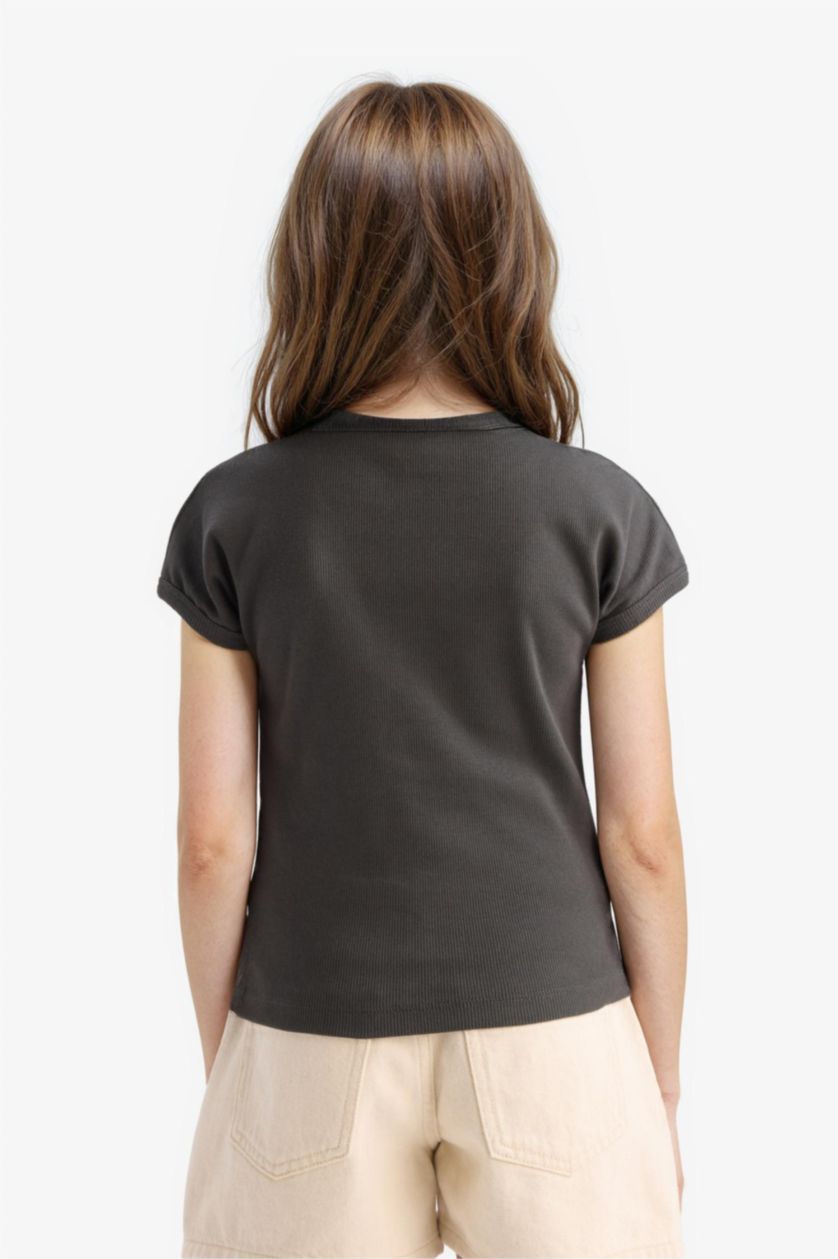 Kız Çocuk - Genç Kız Antrasit Slim Fit Dar Kesim Bisiklet Yaka Basic Düz Fitilli Kaşkorse Kısa Kollu Tişört Kız Çocuk