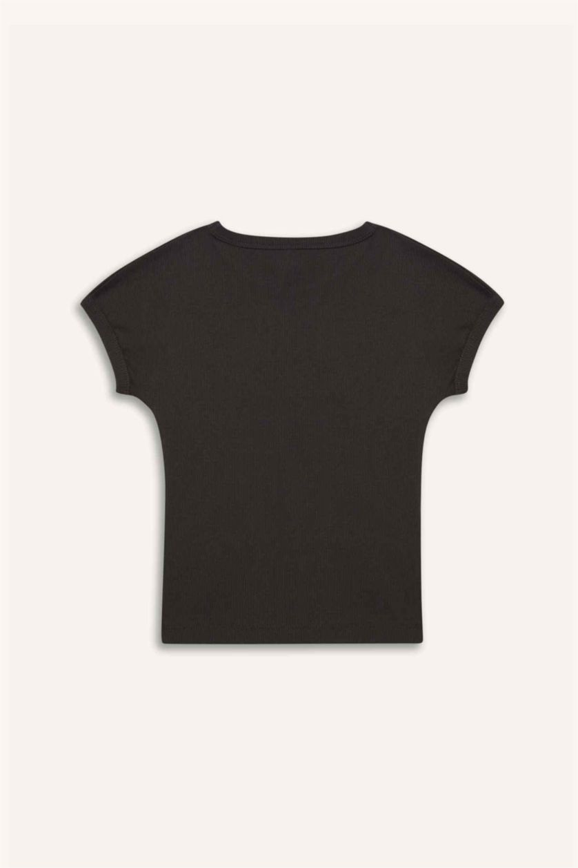 Kız Çocuk - Genç Kız Antrasit Slim Fit Dar Kesim Bisiklet Yaka Basic Düz Fitilli Kaşkorse Kısa Kollu Tişört Kız Çocuk