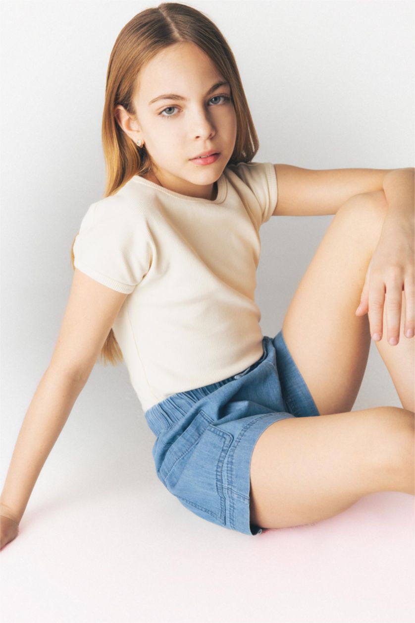 Girls & Teens Ecru Girl Slim Fit Crew Neck Basic Corduroy T-shirt