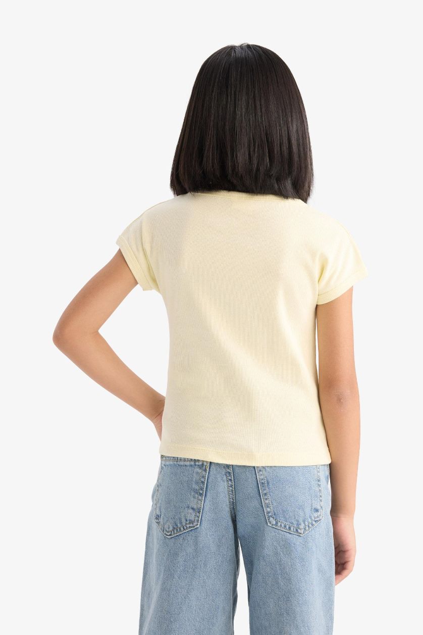 Girls & Teens Ecru Girl Slim Fit Crew Neck Basic Corduroy T-shirt