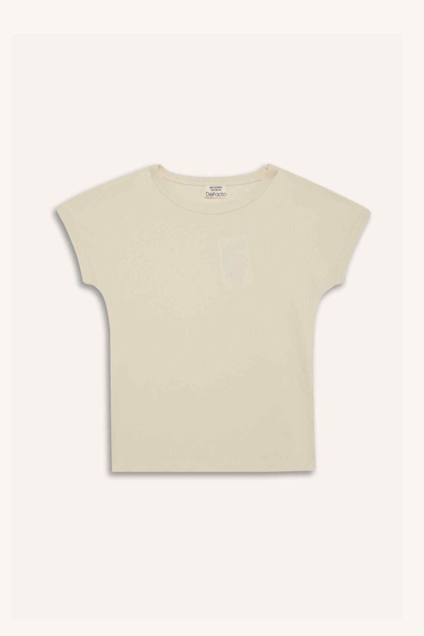 Girls & Teens Ecru Girl Slim Fit Crew Neck Basic Corduroy T-shirt