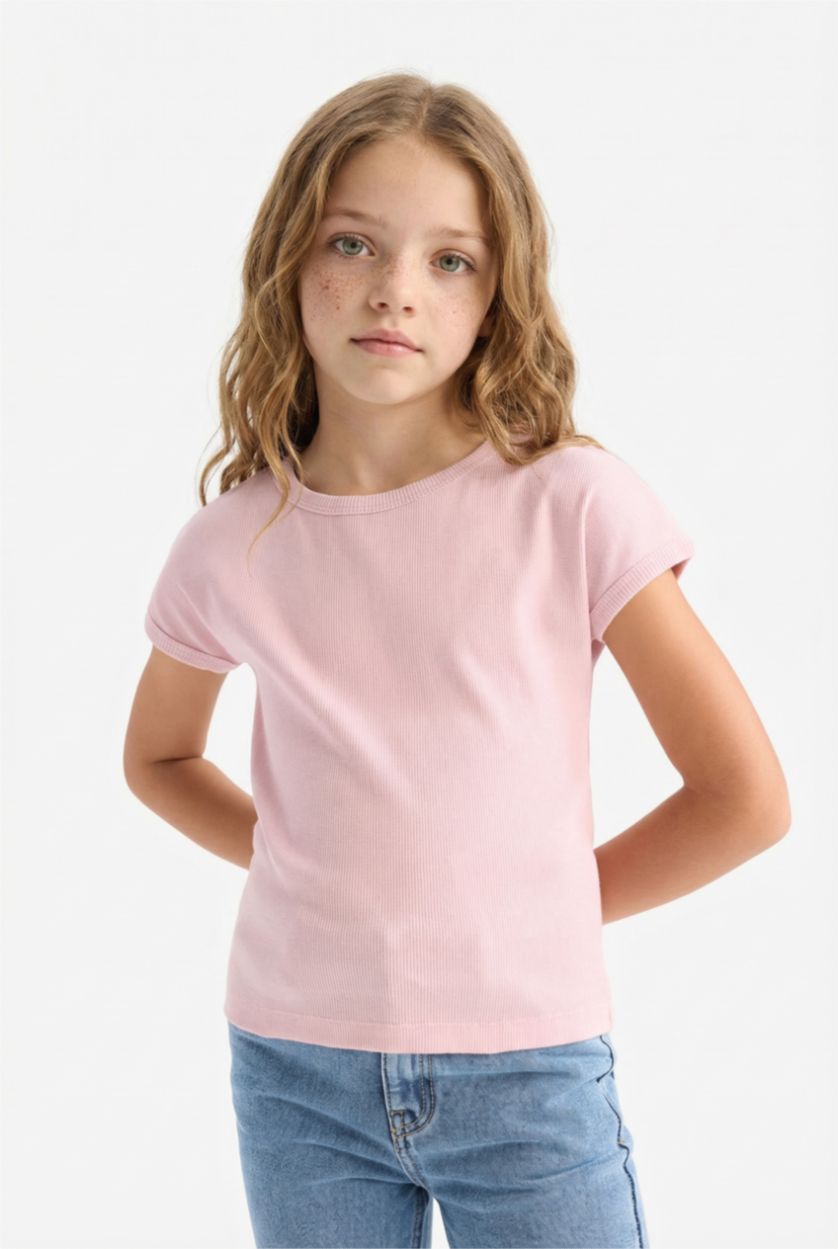 Kız Çocuk - Genç Kız Pembe Slim Fit Dar Kesim Bisiklet Yaka Basic Düz Fitilli Kaşkorse Kısa Kollu Tişört Kız Çocuk