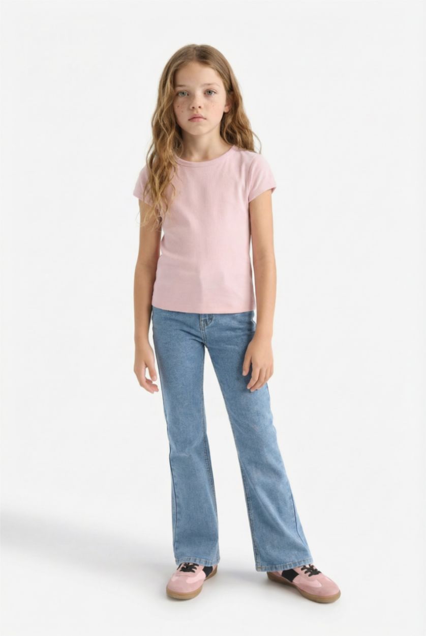 Kız Çocuk - Genç Kız Pembe Slim Fit Dar Kesim Bisiklet Yaka Basic Düz Fitilli Kaşkorse Kısa Kollu Tişört Kız Çocuk