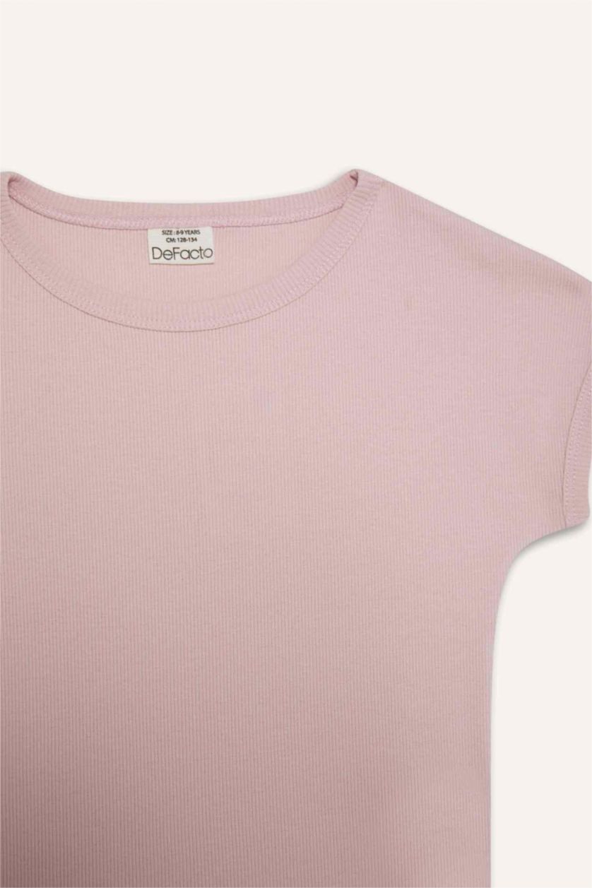 Kız Çocuk - Genç Kız Pembe Slim Fit Dar Kesim Bisiklet Yaka Basic Düz Fitilli Kaşkorse Kısa Kollu Tişört Kız Çocuk
