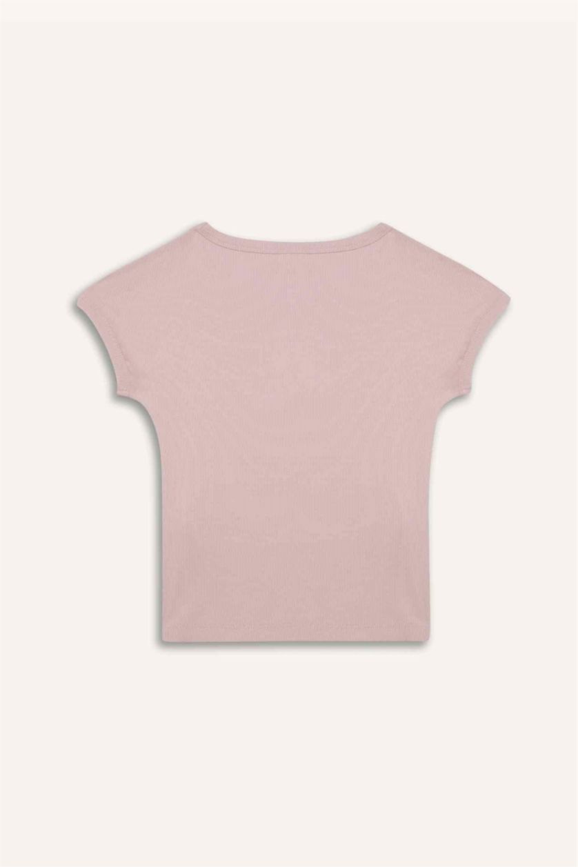 Kız Çocuk - Genç Kız Pembe Slim Fit Dar Kesim Bisiklet Yaka Basic Düz Fitilli Kaşkorse Kısa Kollu Tişört Kız Çocuk