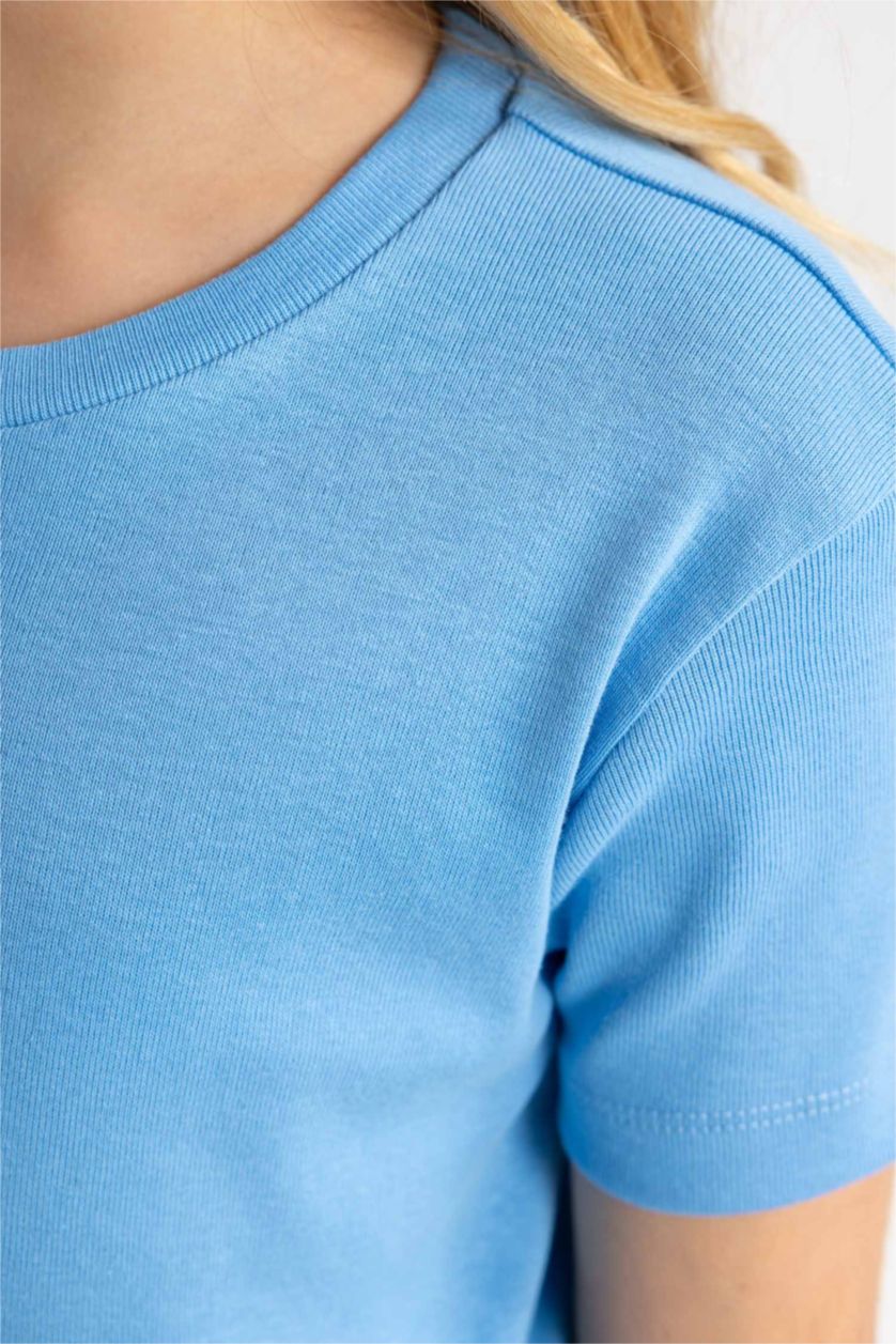 Girls & Teens Blue Girl Slim Fit Crew Neck Ribbed Basic T-Shirt