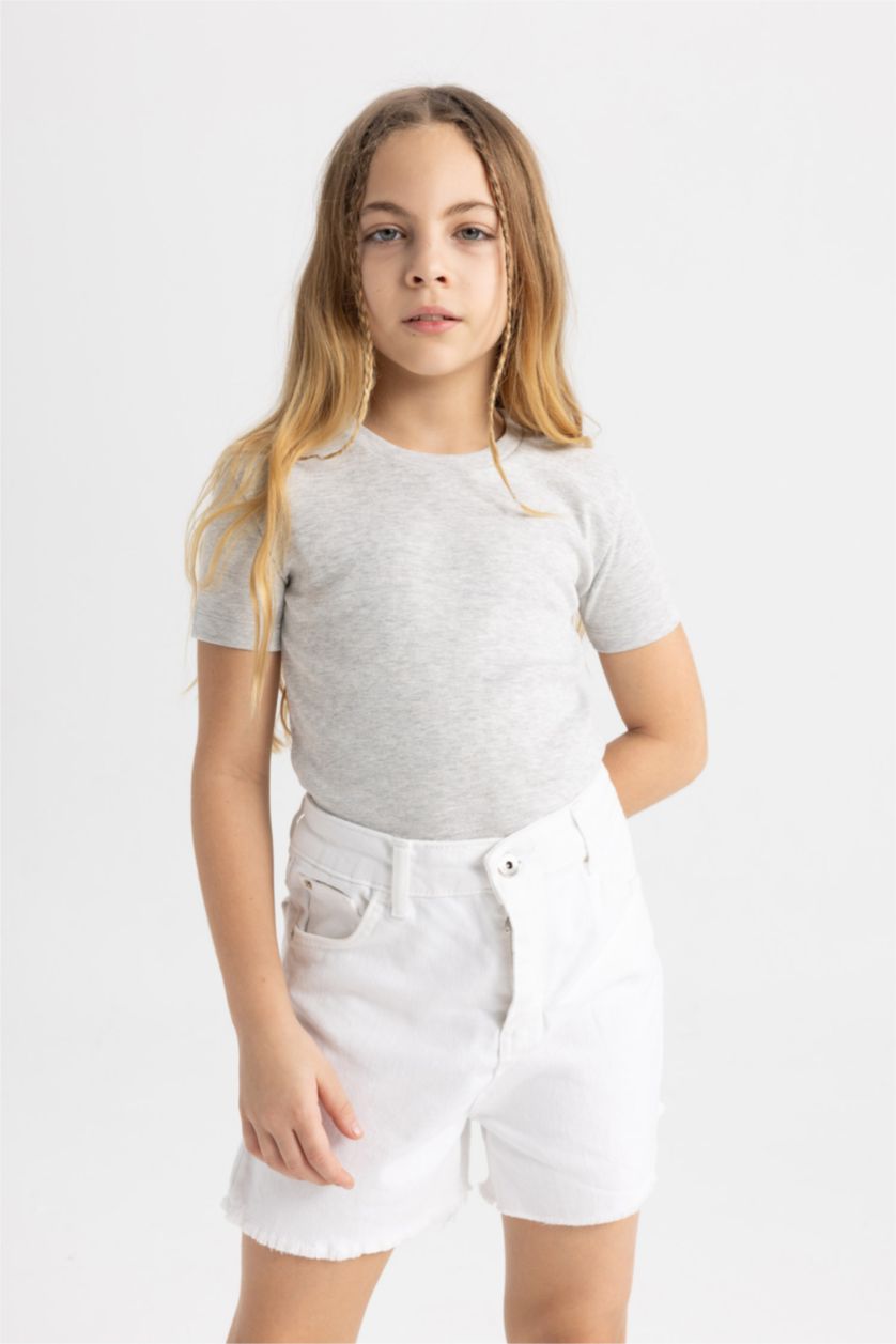 Kız Çocuk - Genç Kız Gri Melanj Slim Fit Dar Kesim Bisiklet Yaka Ribana Basic Düz Kısa Kollu Tişört Kız Çocuk