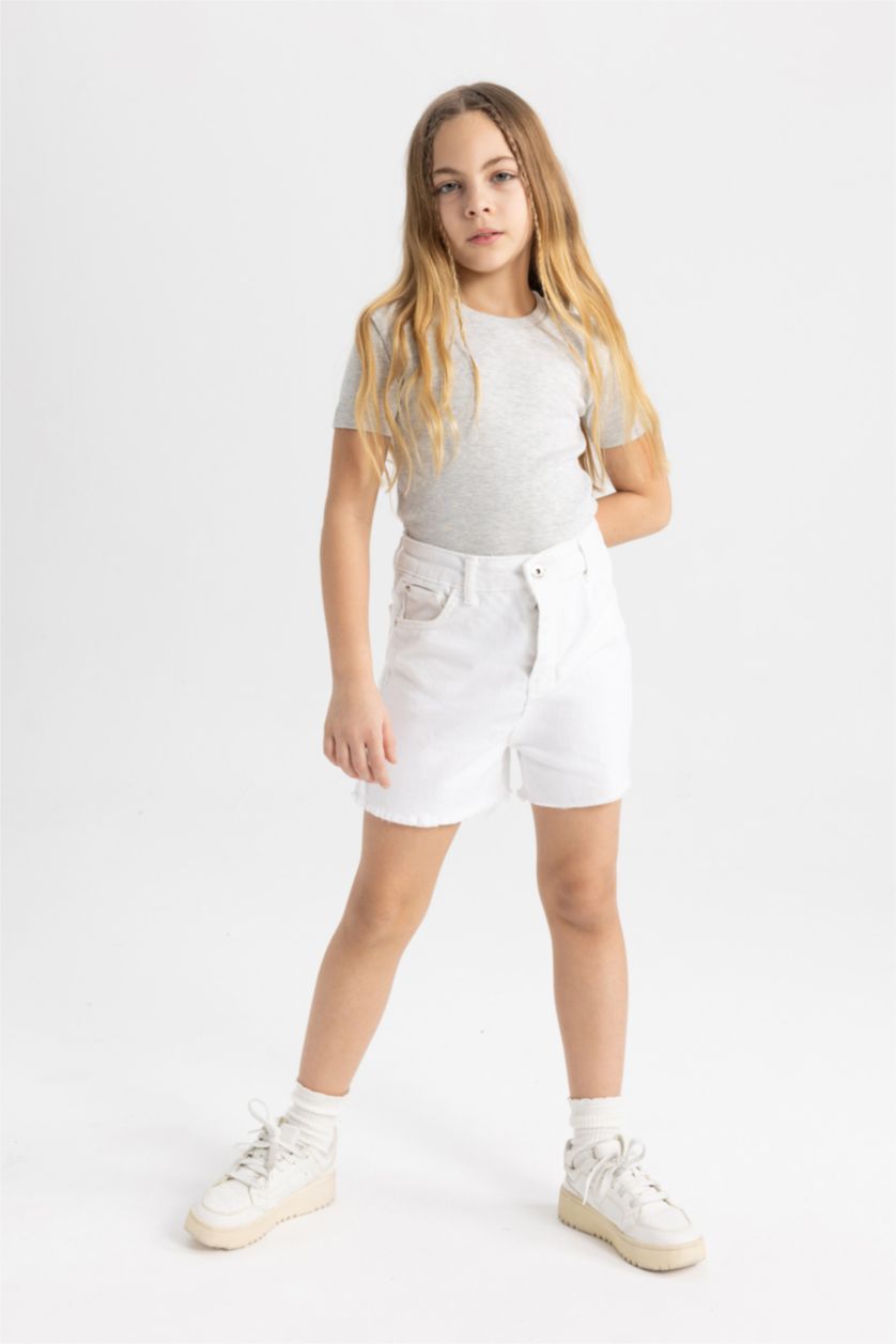 Kız Çocuk - Genç Kız Gri Melanj Slim Fit Dar Kesim Bisiklet Yaka Ribana Basic Düz Kısa Kollu Tişört Kız Çocuk