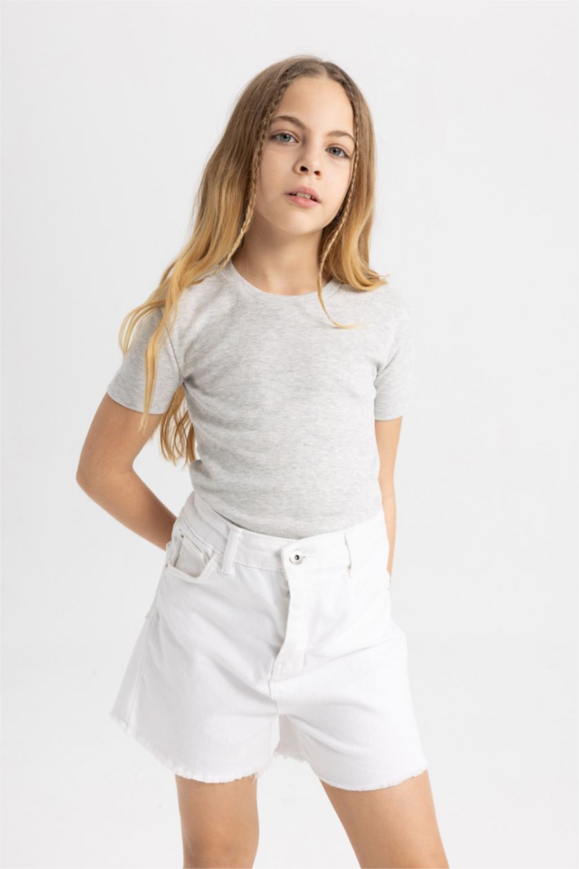 Kız Çocuk - Genç Kız Gri Melanj Slim Fit Dar Kesim Bisiklet Yaka Ribana Basic Düz Kısa Kollu Tişört Kız Çocuk