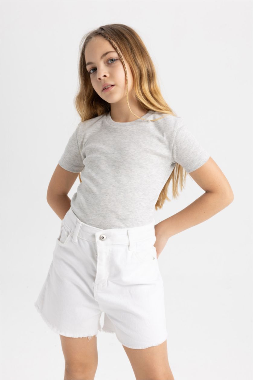 Kız Çocuk - Genç Kız Gri Melanj Slim Fit Dar Kesim Bisiklet Yaka Ribana Basic Düz Kısa Kollu Tişört Kız Çocuk