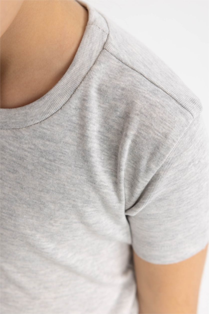 Kız Çocuk - Genç Kız Gri Melanj Slim Fit Dar Kesim Bisiklet Yaka Ribana Basic Düz Kısa Kollu Tişört Kız Çocuk