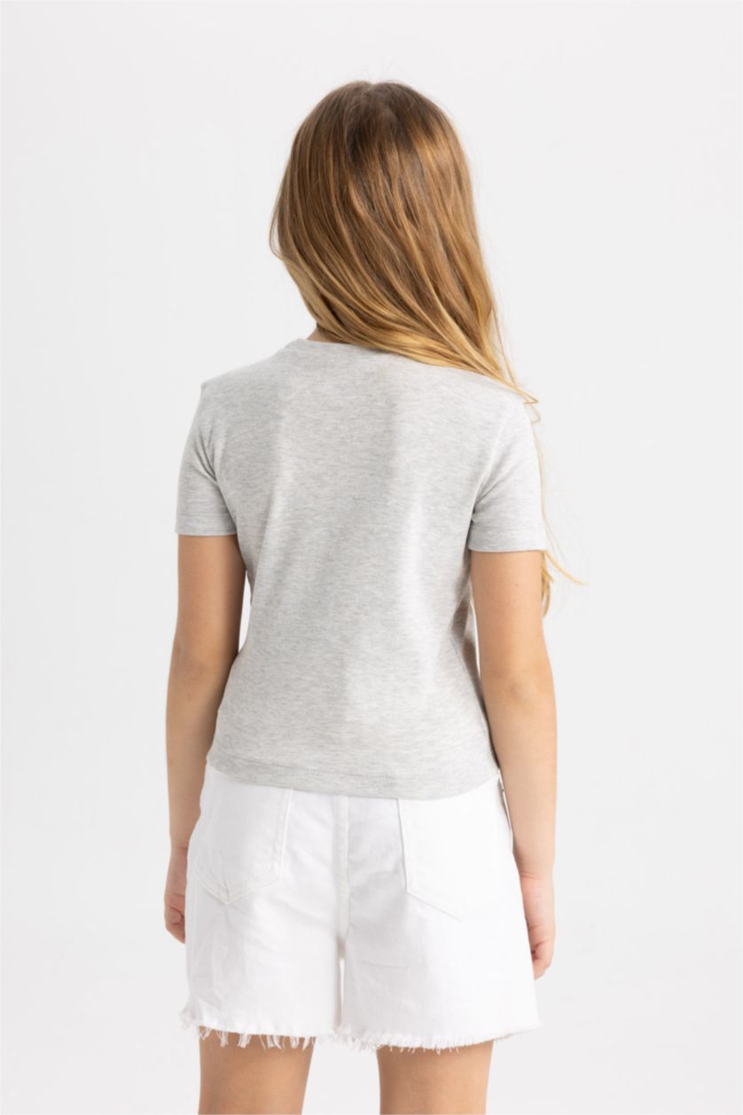 Kız Çocuk - Genç Kız Gri Melanj Slim Fit Dar Kesim Bisiklet Yaka Ribana Basic Düz Kısa Kollu Tişört Kız Çocuk