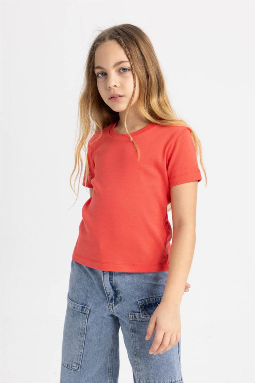 بنات أحمر فاتح تيشيرت نص كم مضلع سليم فيت