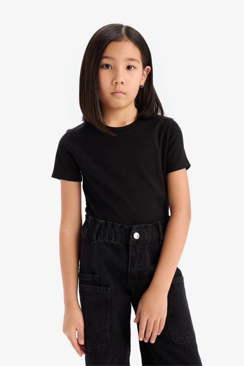 Kız Çocuk - Genç Kız Siyah Slim Fit Dar Kesim Bisiklet Yaka Ribana Basic Düz Kısa Kollu Tişört Kız Çocuk