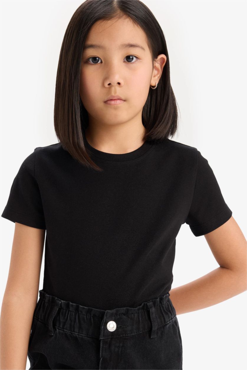 Kız Çocuk - Genç Kız Siyah Slim Fit Dar Kesim Bisiklet Yaka Ribana Basic Düz Kısa Kollu Tişört Kız Çocuk
