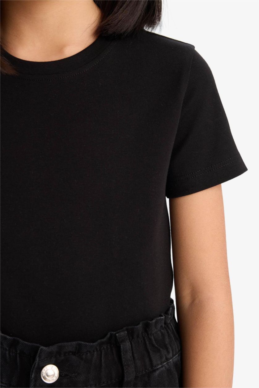 Kız Çocuk - Genç Kız Siyah Slim Fit Dar Kesim Bisiklet Yaka Ribana Basic Düz Kısa Kollu Tişört Kız Çocuk