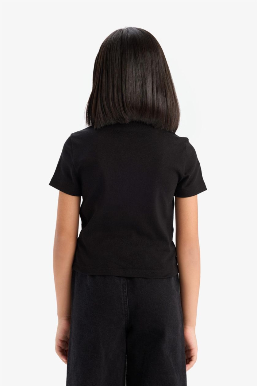 Kız Çocuk - Genç Kız Siyah Slim Fit Dar Kesim Bisiklet Yaka Ribana Basic Düz Kısa Kollu Tişört Kız Çocuk