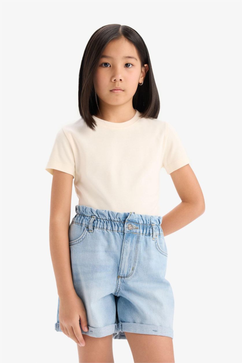 Kız Çocuk - Genç Kız Ekru Slim Fit Dar Kesim Bisiklet Yaka Ribana Basic Düz Kısa Kollu Tişört Kız Çocuk