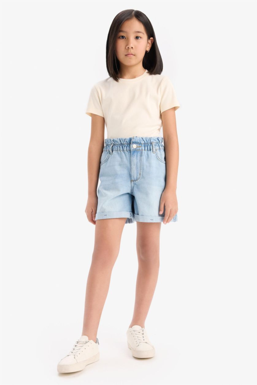 Kız Çocuk - Genç Kız Ekru Slim Fit Dar Kesim Bisiklet Yaka Ribana Basic Düz Kısa Kollu Tişört Kız Çocuk