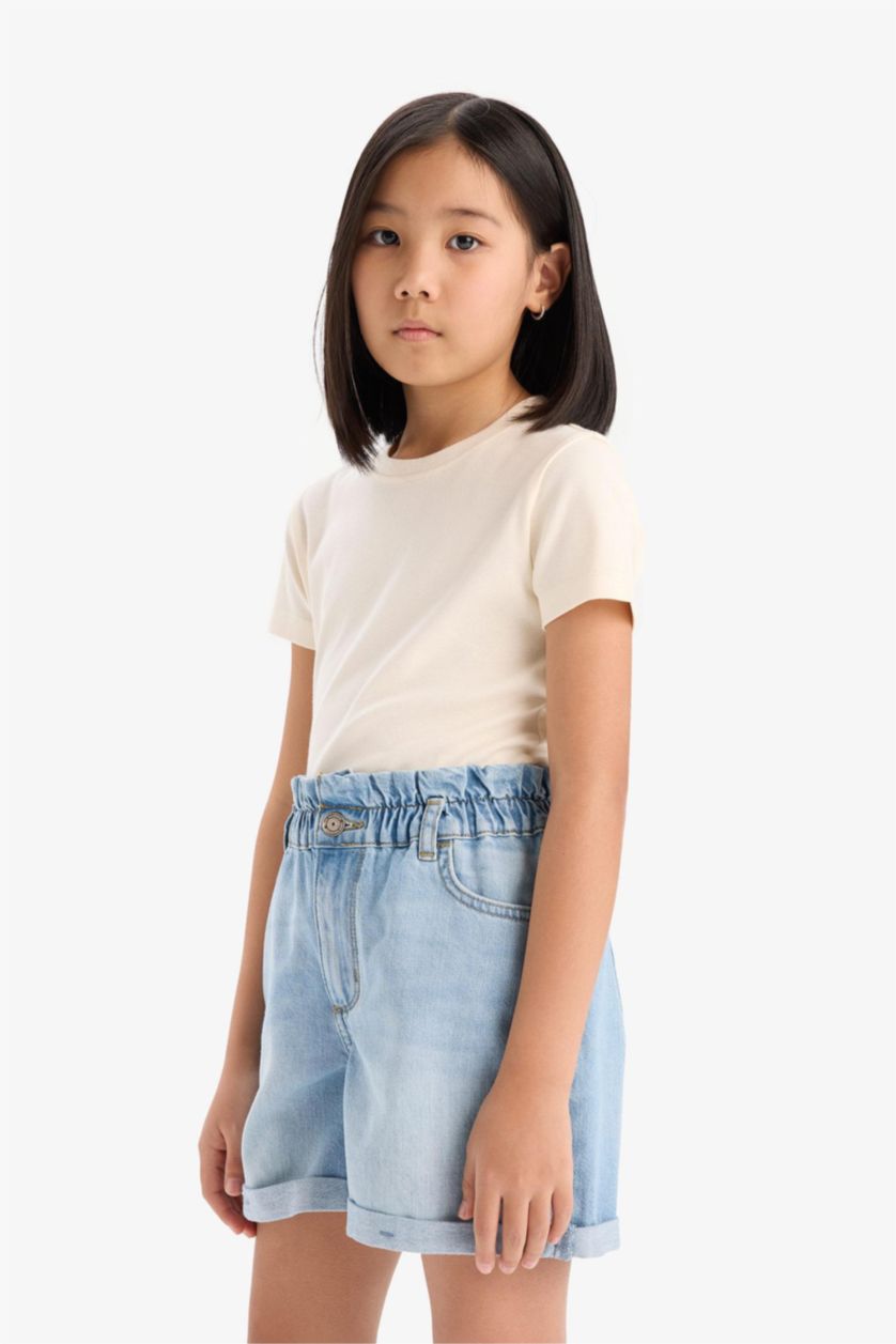 Kız Çocuk - Genç Kız Ekru Slim Fit Dar Kesim Bisiklet Yaka Ribana Basic Düz Kısa Kollu Tişört Kız Çocuk