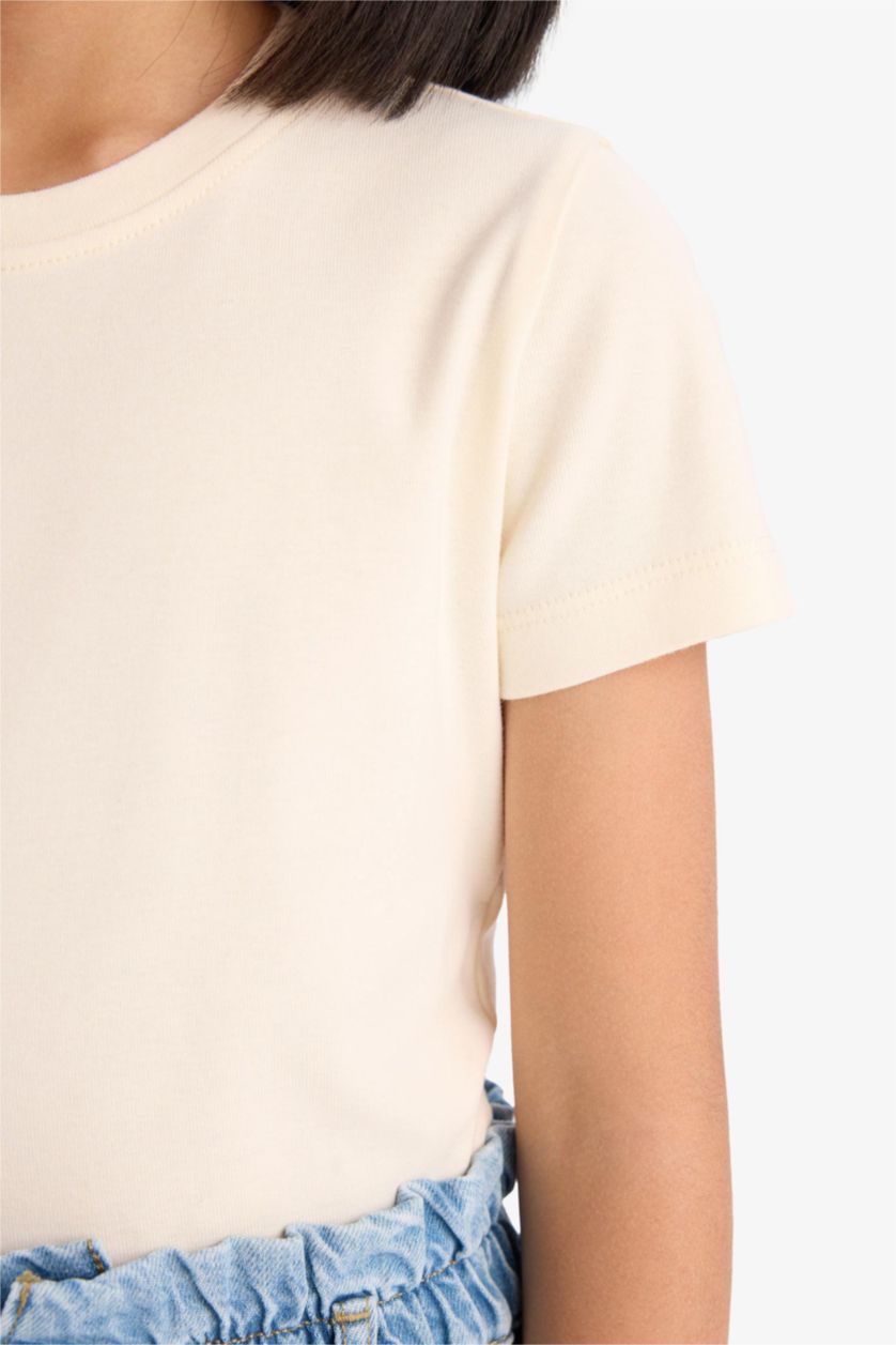 Kız Çocuk - Genç Kız Ekru Slim Fit Dar Kesim Bisiklet Yaka Ribana Basic Düz Kısa Kollu Tişört Kız Çocuk