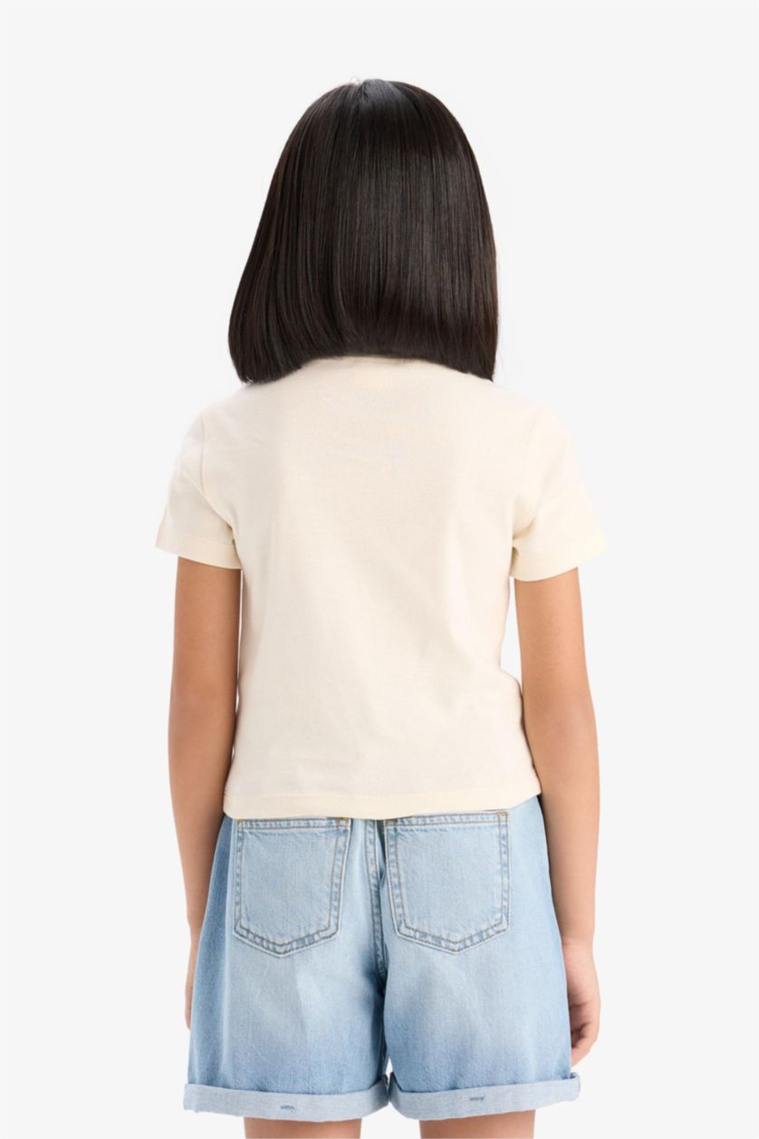 Kız Çocuk - Genç Kız Ekru Slim Fit Dar Kesim Bisiklet Yaka Ribana Basic Düz Kısa Kollu Tişört Kız Çocuk