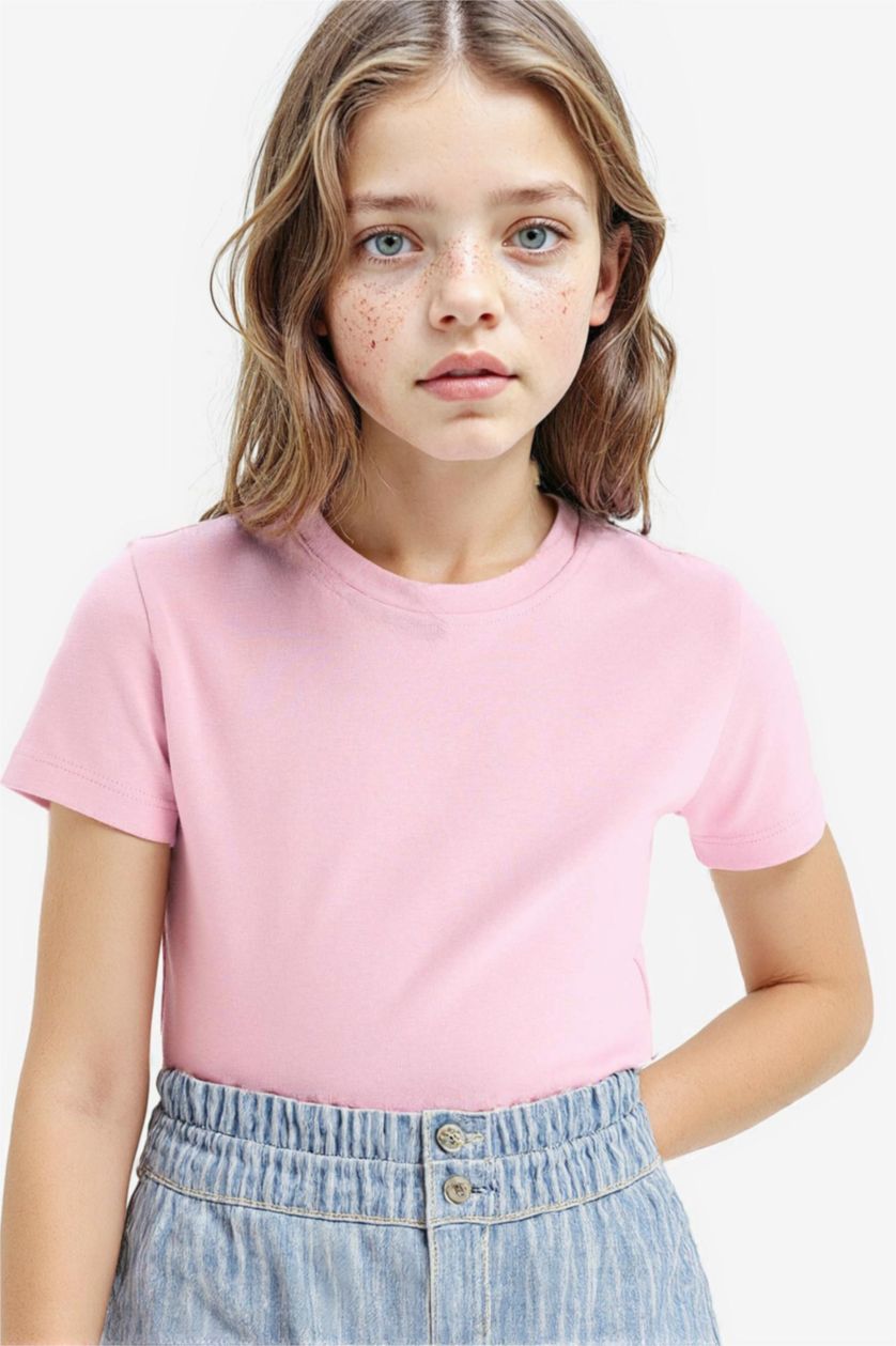 Kız Çocuk - Genç Kız Pembe Slim Fit Dar Kesim Bisiklet Yaka Ribana Basic Düz Kısa Kollu Tişört Kız Çocuk