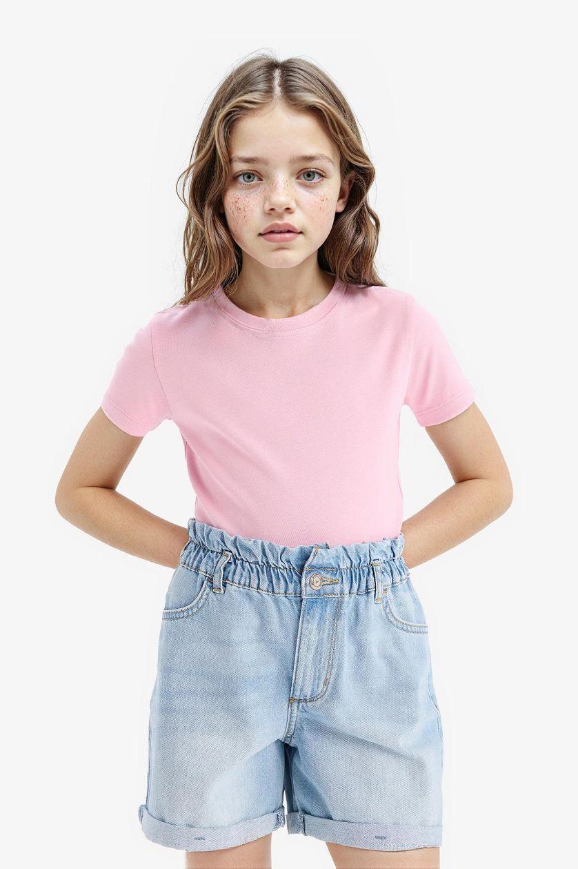 Kız Çocuk - Genç Kız Pembe Slim Fit Dar Kesim Bisiklet Yaka Ribana Basic Düz Kısa Kollu Tişört Kız Çocuk