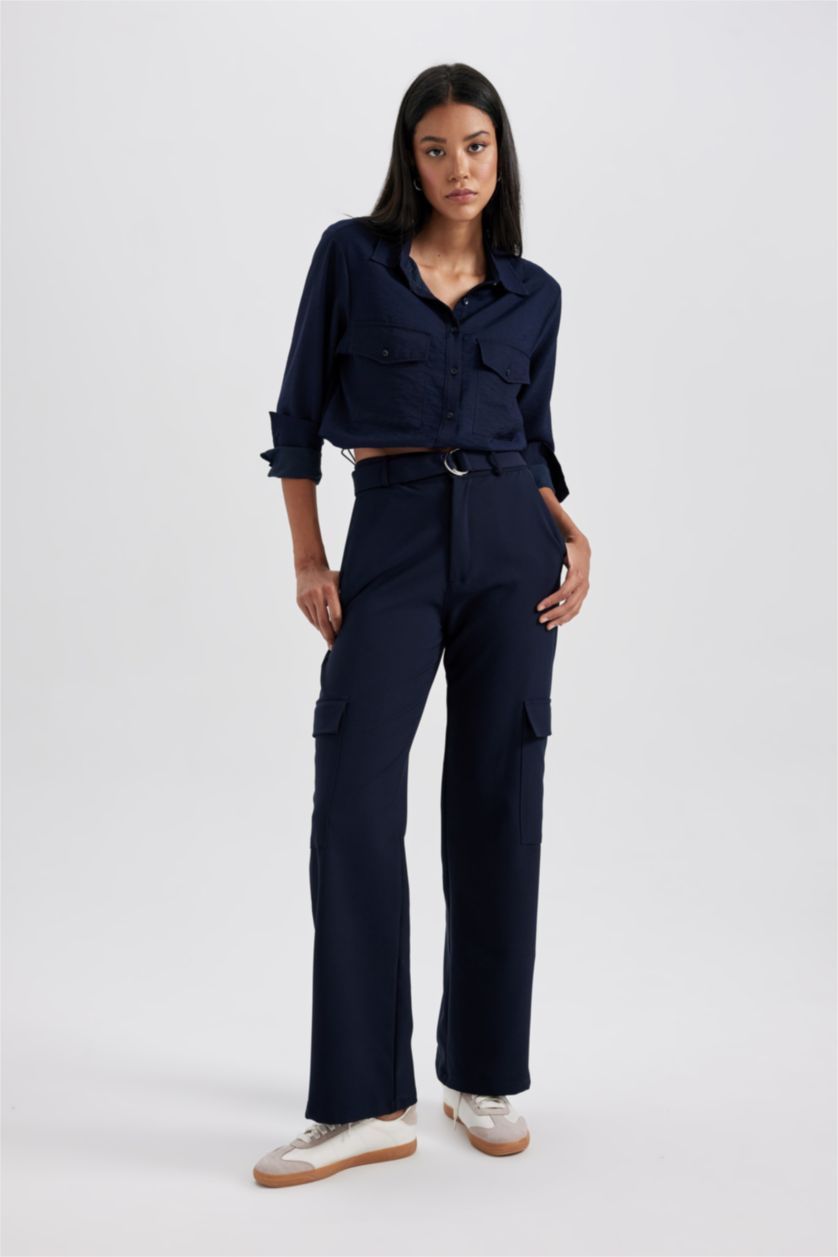 WOMAN NAVY Straight Fit Cargo Trousers