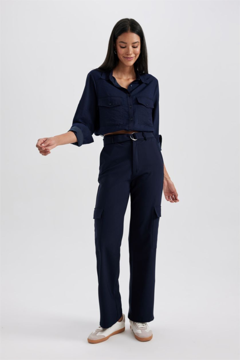 WOMAN NAVY Straight Fit Cargo Trousers