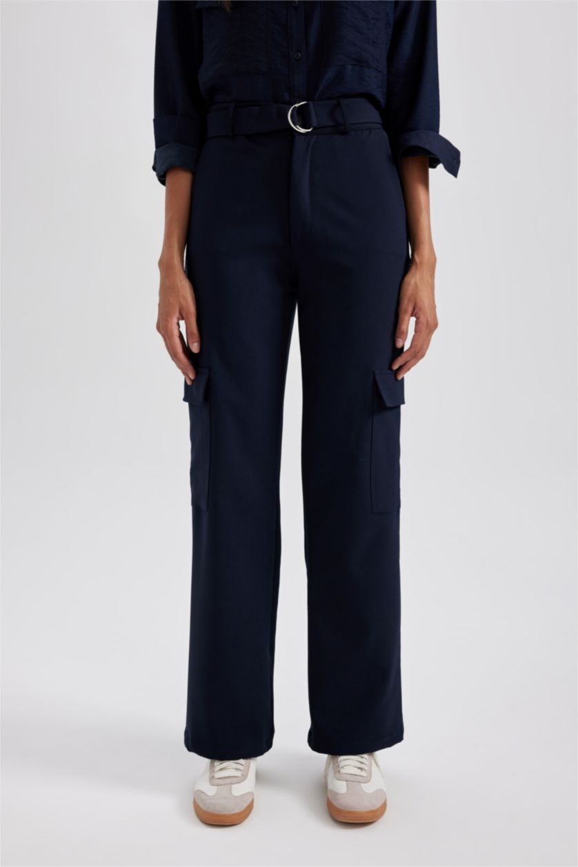 WOMAN NAVY Straight Fit Cargo Trousers