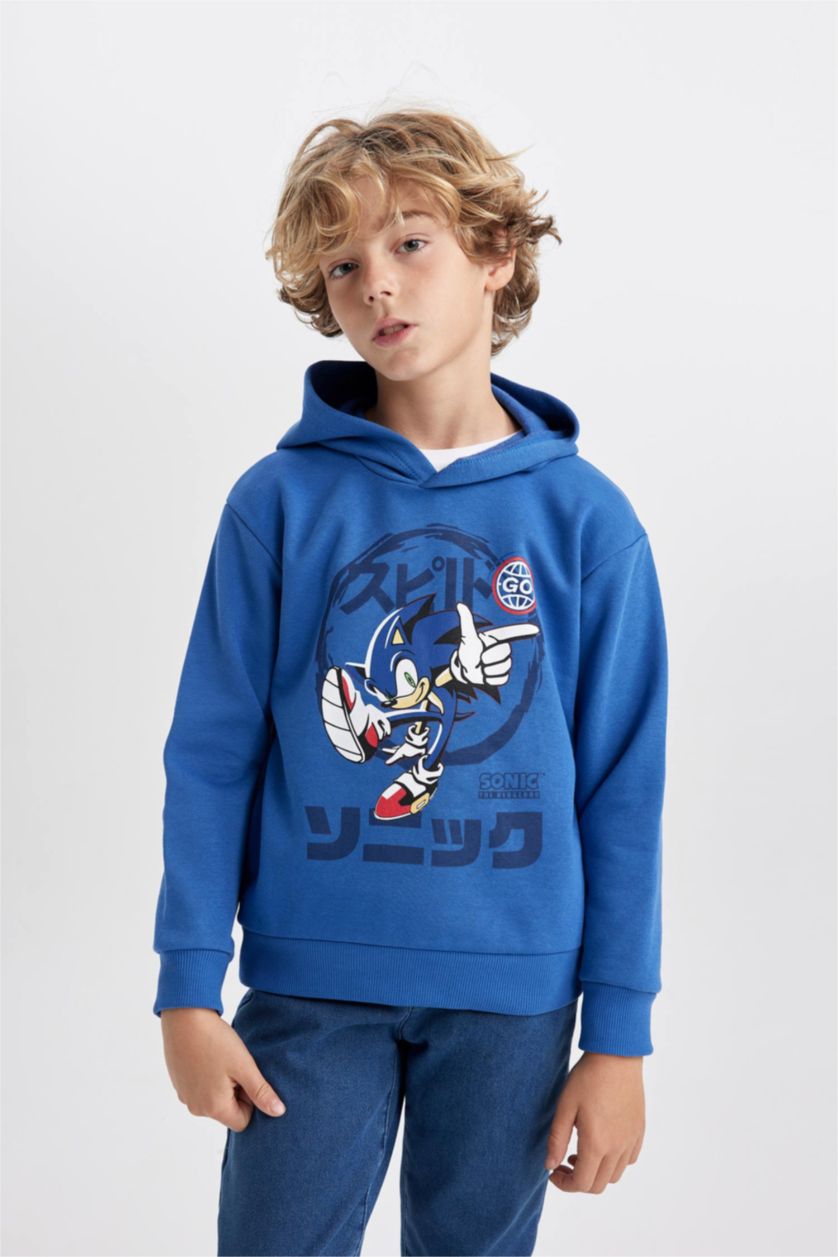 Erkek Çocuk - Genç Erkek Koyu Mavi Erkek Çocuk Sonic the Hedgehog Kapüşonlu Kalın Sweatshirt