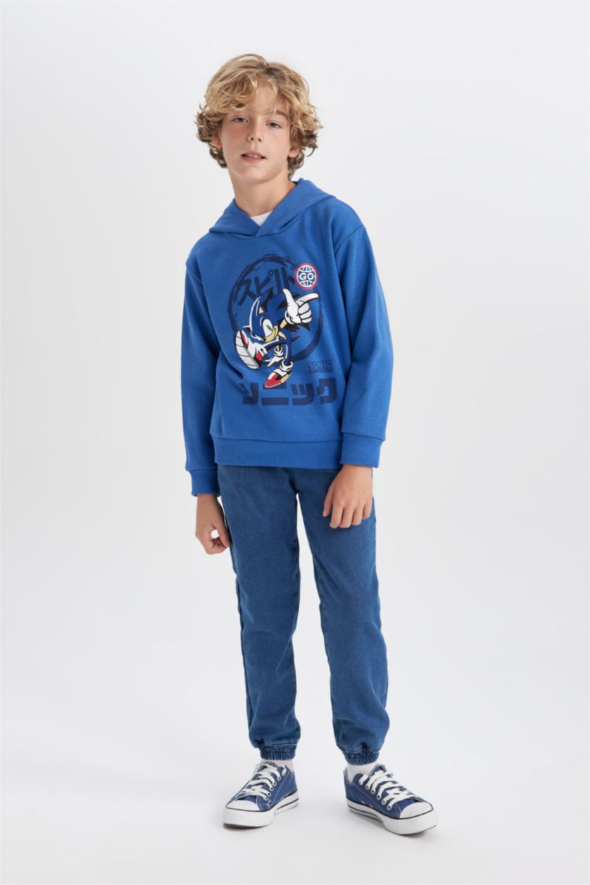Erkek Çocuk - Genç Erkek Koyu Mavi Erkek Çocuk Sonic the Hedgehog Kapüşonlu Kalın Sweatshirt