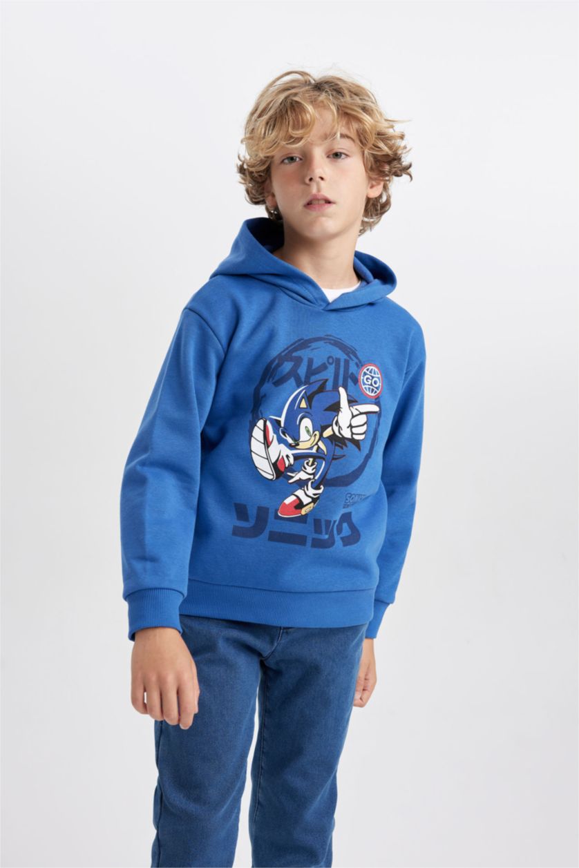 Erkek Çocuk - Genç Erkek Koyu Mavi Erkek Çocuk Sonic the Hedgehog Kapüşonlu Kalın Sweatshirt
