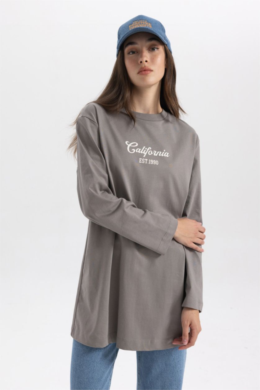 WOMAN Grey Regular Fit Crew Neck Printed Long Sleeve Tunic