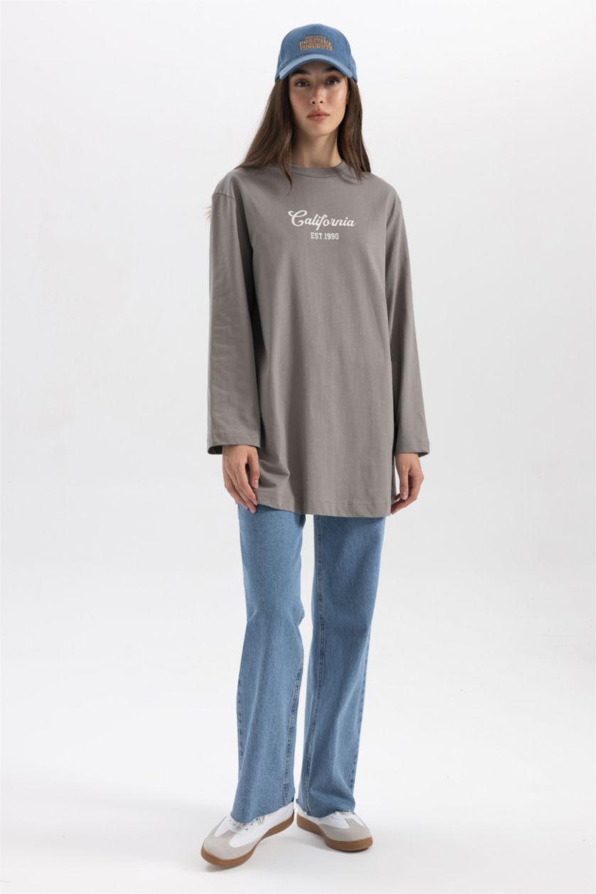 WOMAN Grey Regular Fit Crew Neck Printed Long Sleeve Tunic