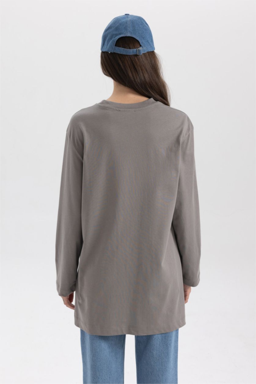 WOMAN Grey Regular Fit Crew Neck Printed Long Sleeve Tunic