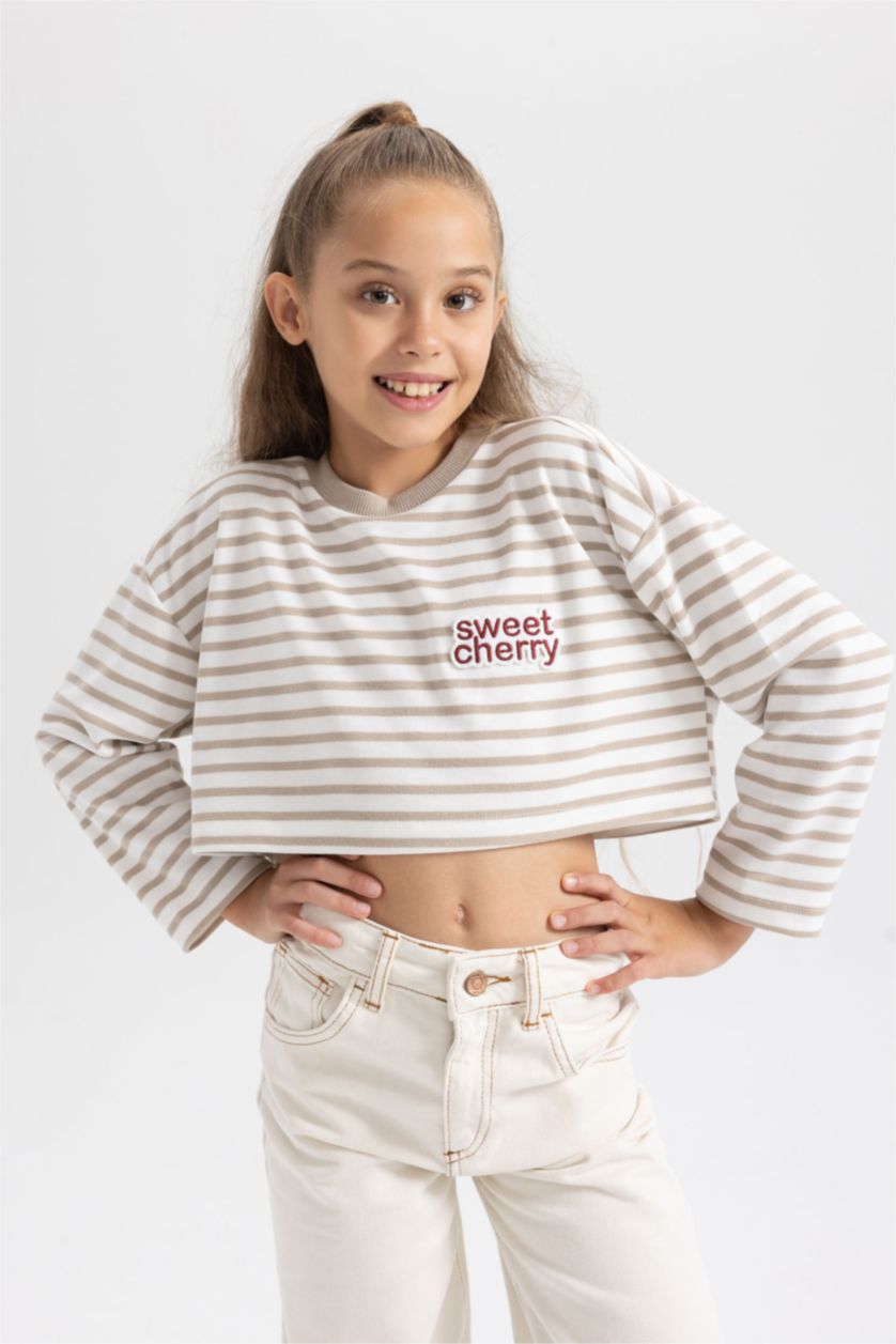 Girls & Teens Stone Girl Crew Neck Crop Striped Sweatshirt