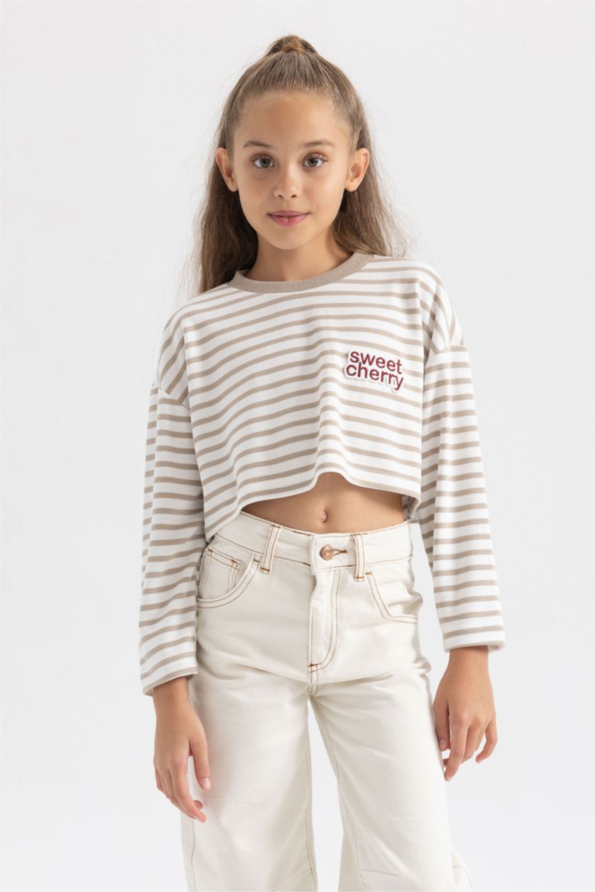 Girls & Teens Stone Girl Crew Neck Crop Striped Sweatshirt