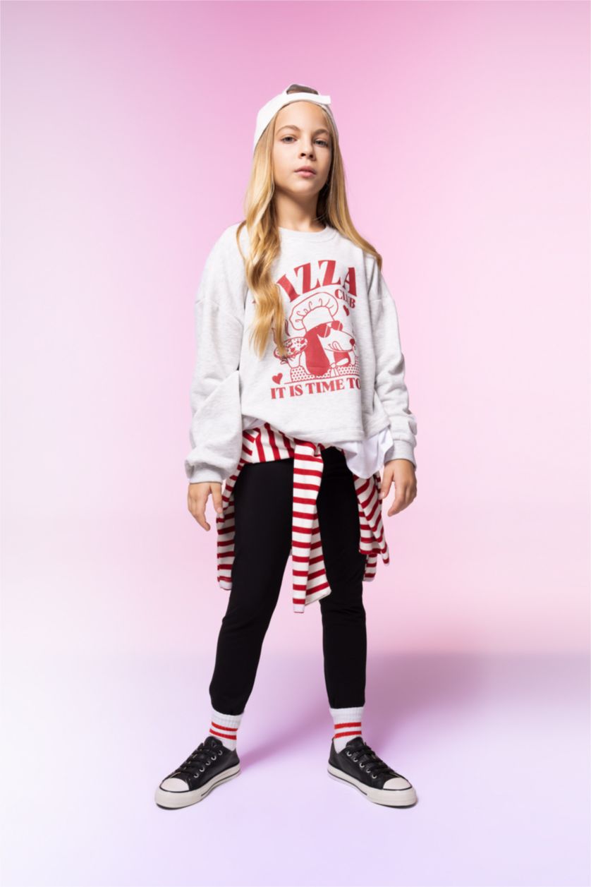 Girls & Teens Grey Melange Girl Printed Sweatshirt Leggings 2 Piece Set