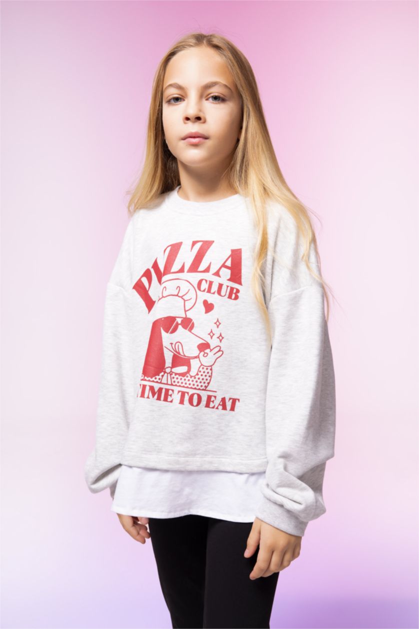 Girls & Teens Grey Melange Girl Printed Sweatshirt Leggings 2 Piece Set