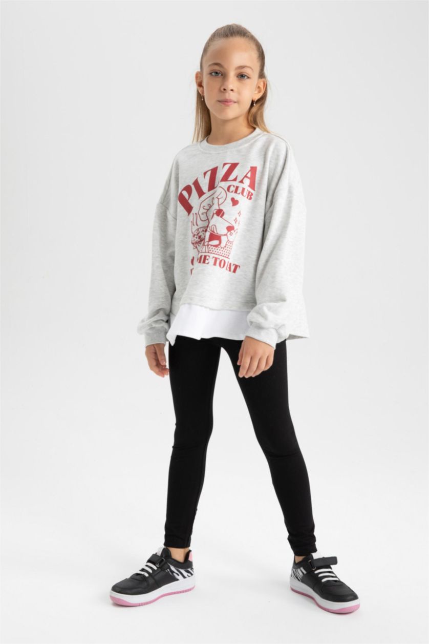Girls & Teens Grey Melange Girl Printed Sweatshirt Leggings 2 Piece Set