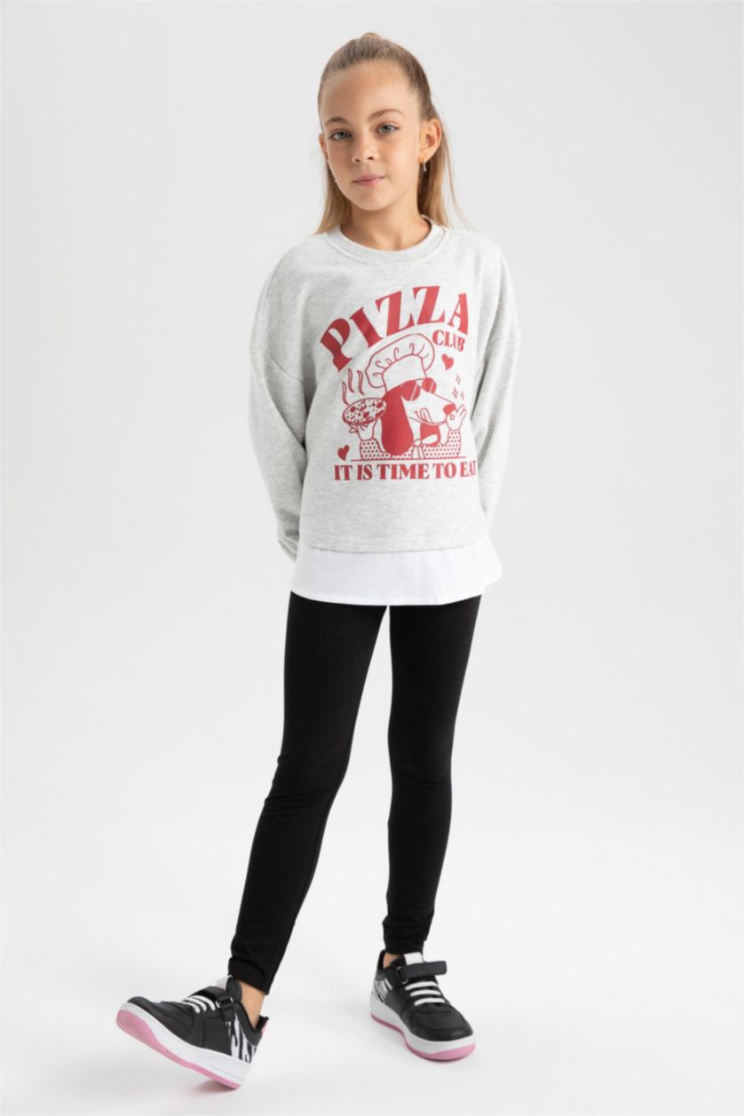 Girls & Teens Grey Melange Girl Printed Sweatshirt Leggings 2 Piece Set