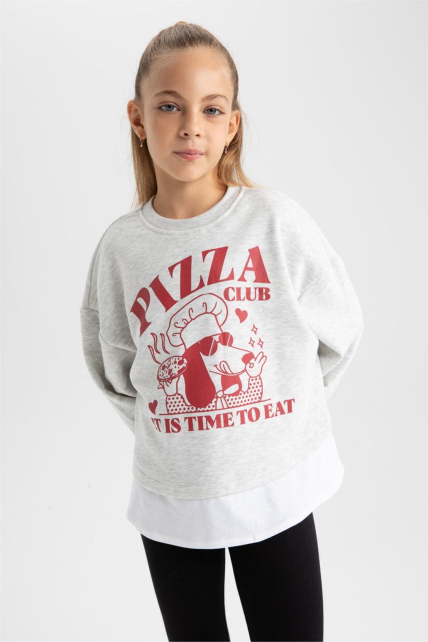 Girls & Teens Grey Melange Girl Printed Sweatshirt Leggings 2 Piece Set