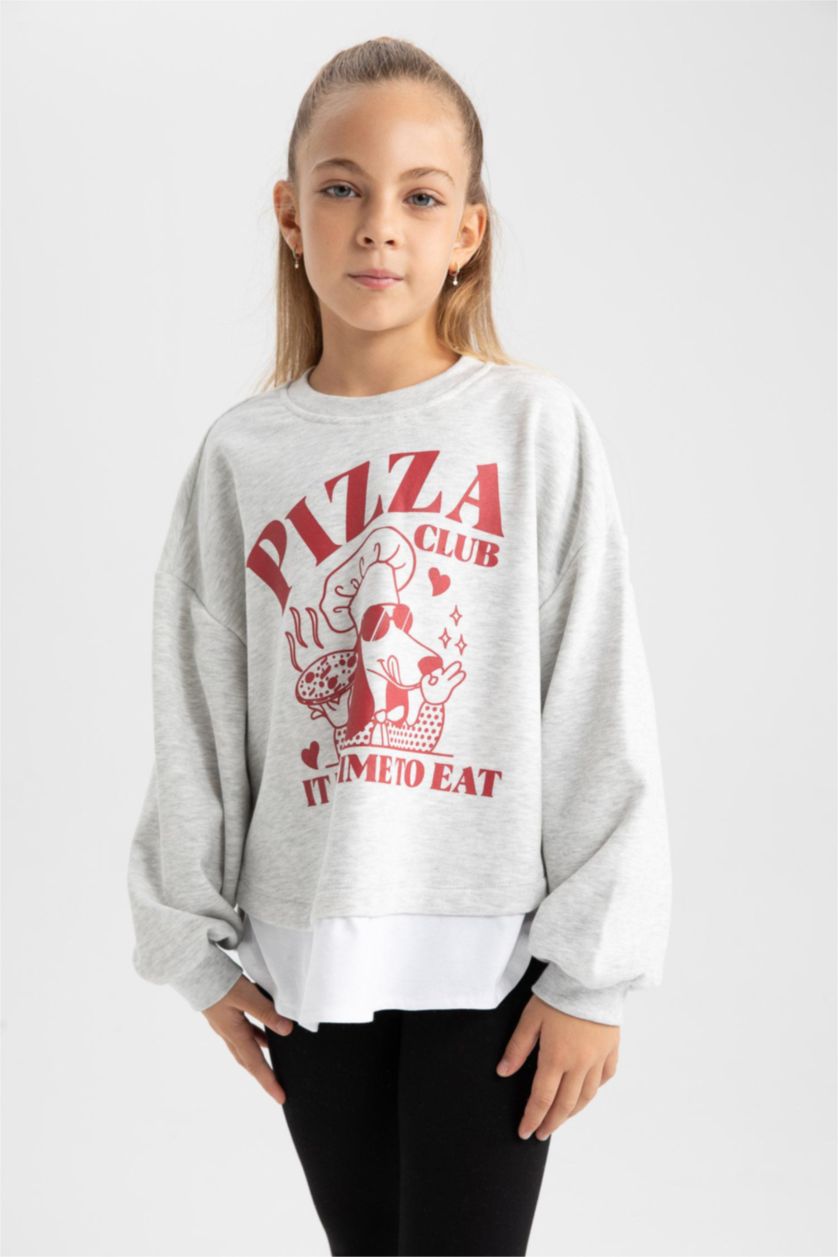 Girls & Teens Grey Melange Girl Printed Sweatshirt Leggings 2 Piece Set