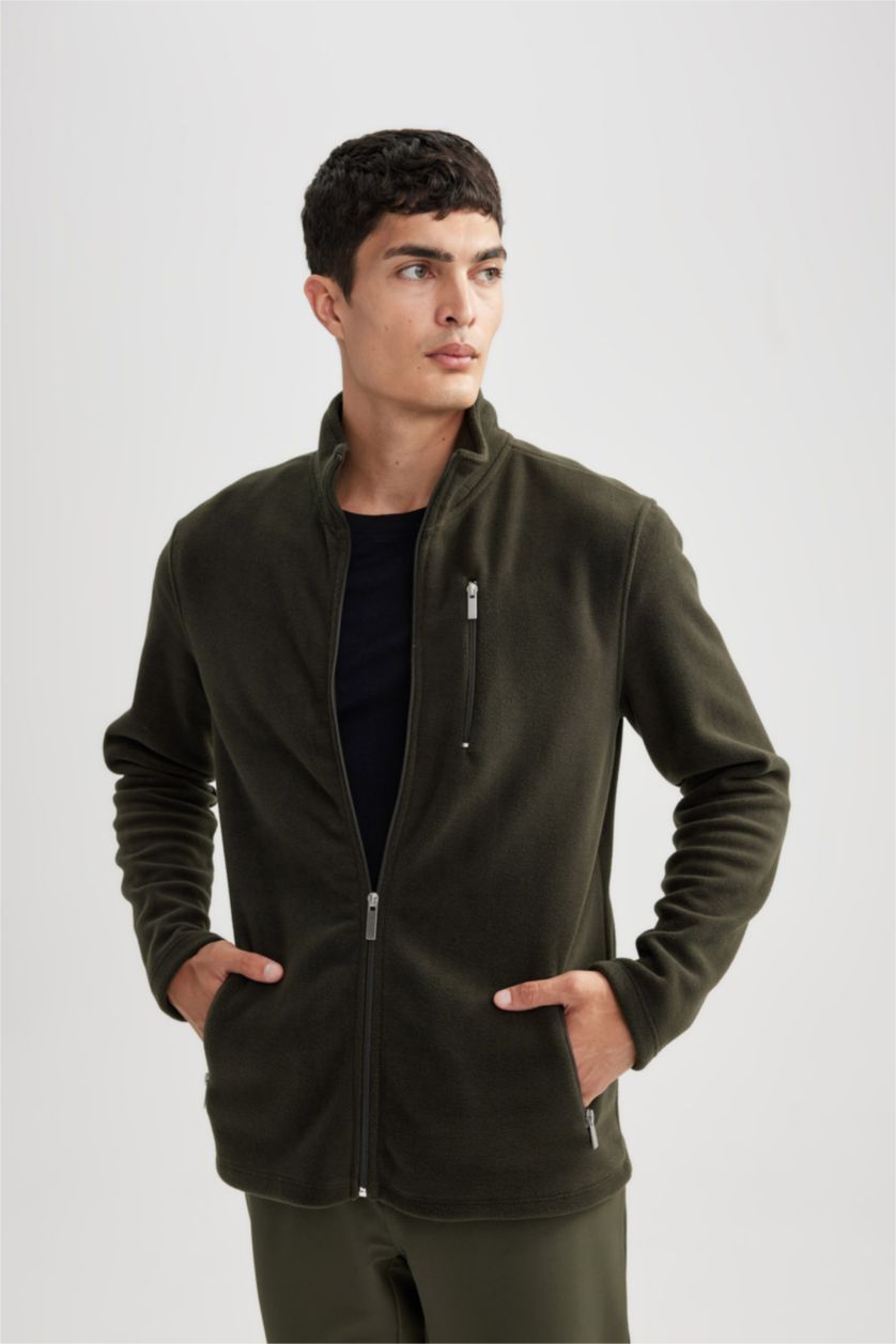 MAN Dark Khaki Regular Fit Polar Fleece Zipper Sweatshirt